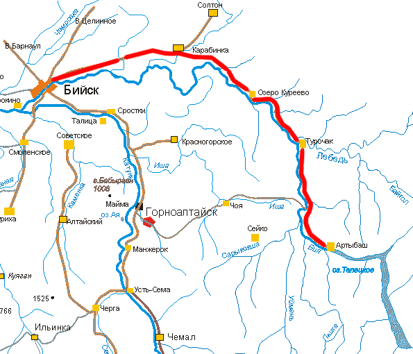 Схема дороги Бийск – Турочак – Артыбаш 